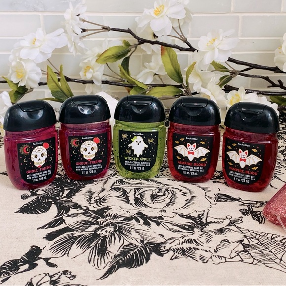 NEW Bath & Body Works Halloween Pocketbac Sanitizers Set of 5 & Rose Gold Holder - Picture 2 of 5